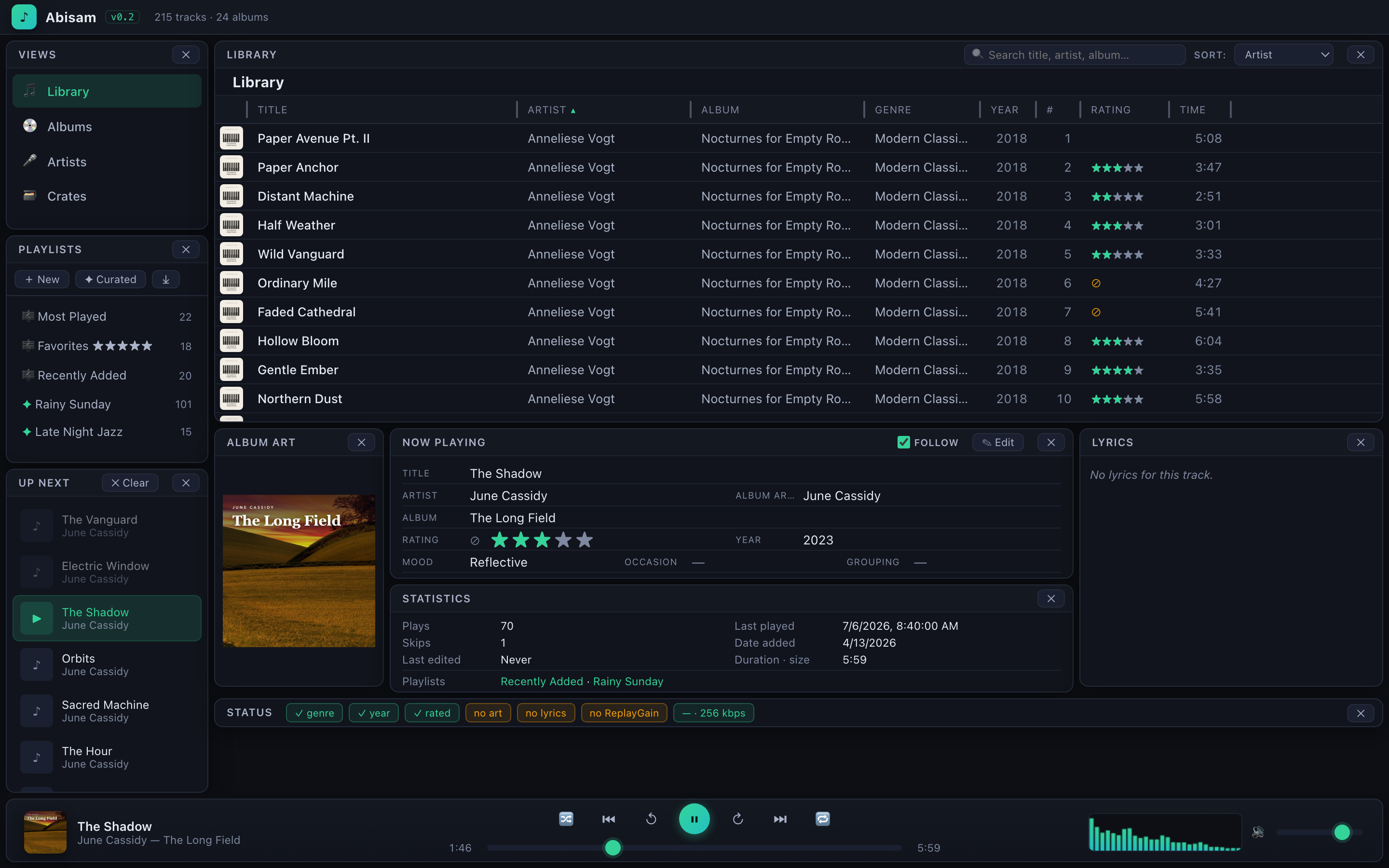 Abisam — the full app, a track playing with the now-playing cockpit filled