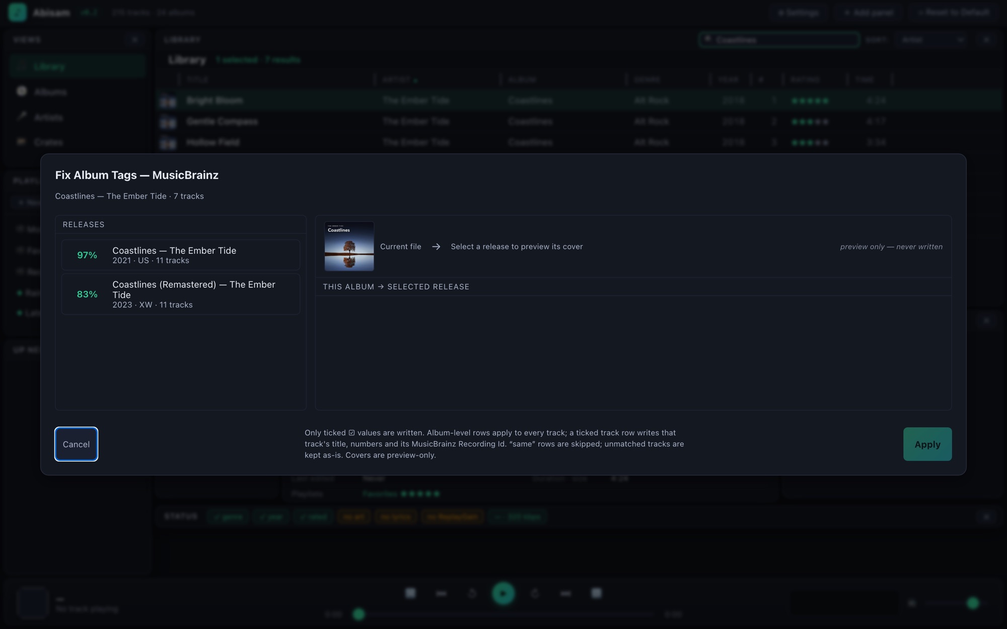 The Fix Album Tags window — MusicBrainz release matches with confidence scores and a before/after comparison