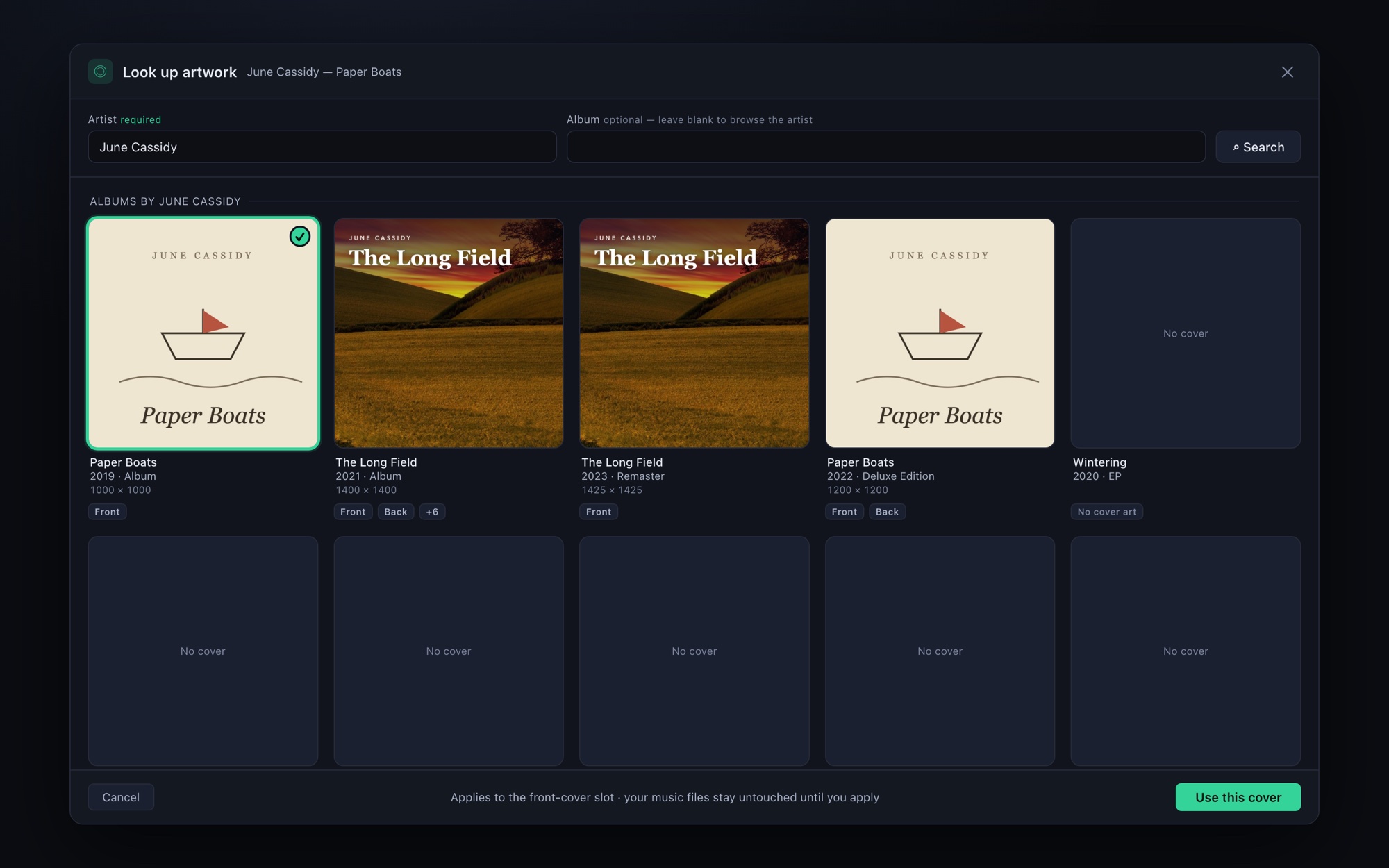 Abisam's Look up artwork window — an artist's discography from the Cover Art Archive, each release showing which covers it has