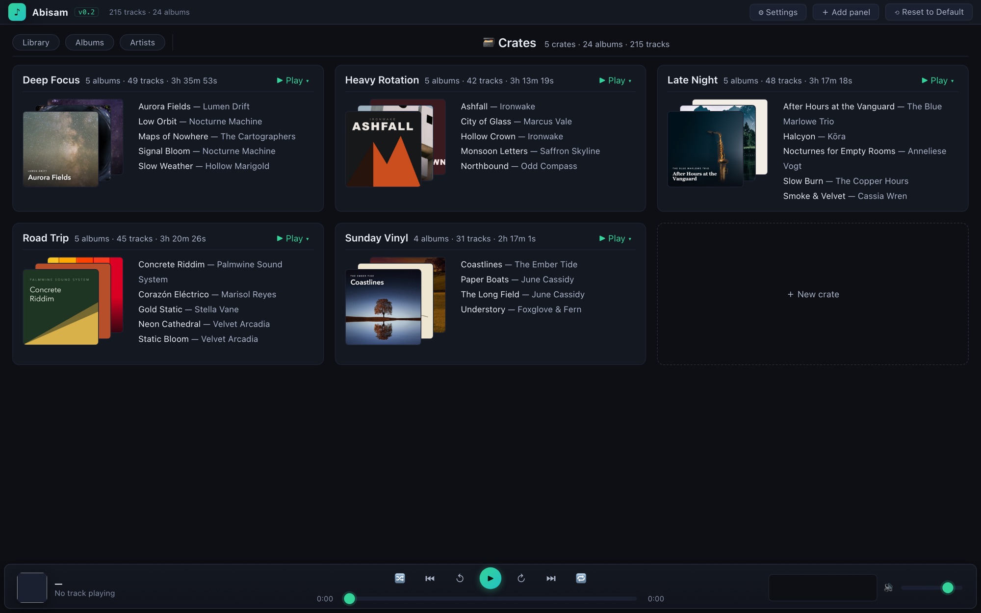 The Crates view — a grid of crate cards with fanned album covers and album lists