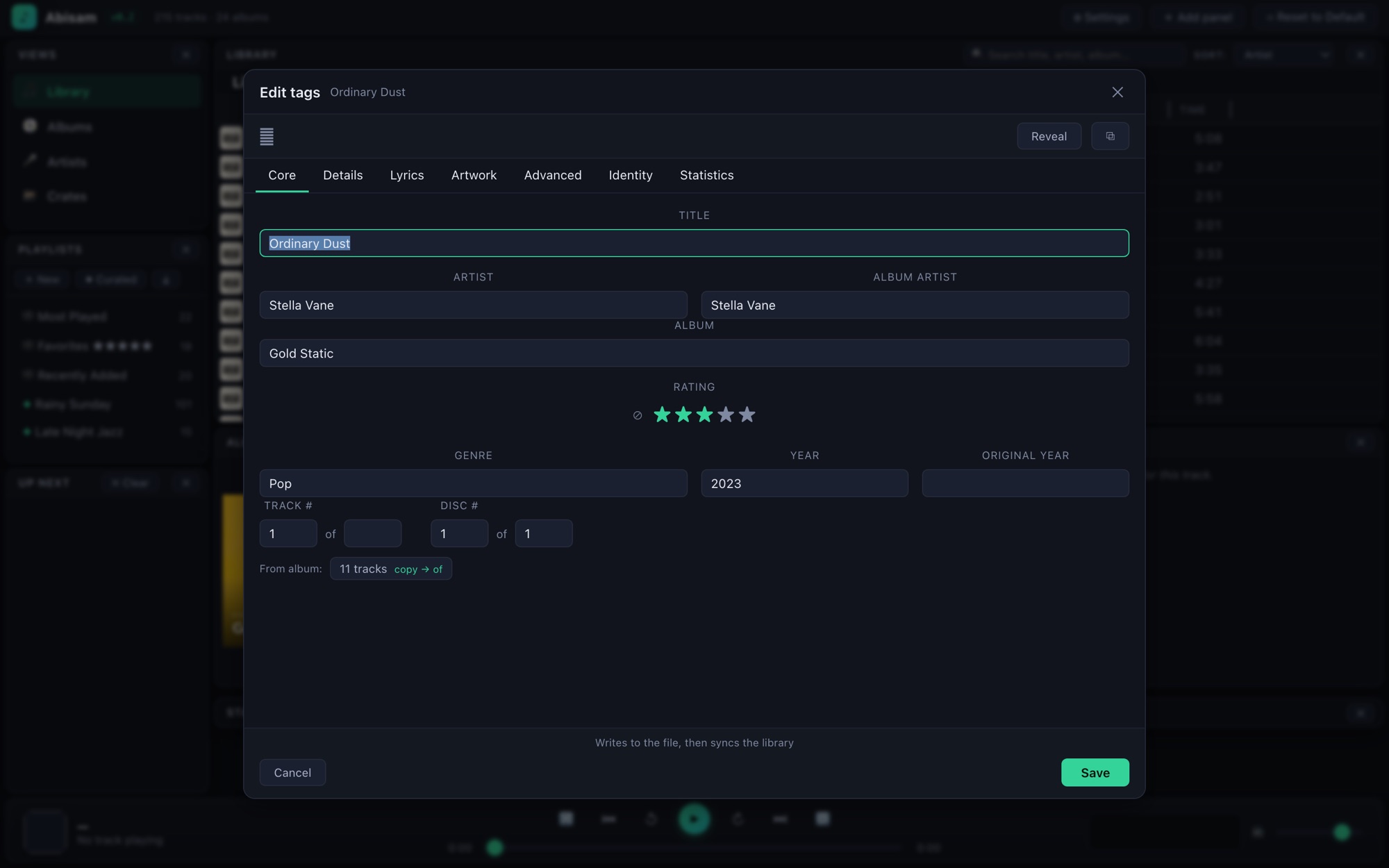 The Abisam tag editor open on a track — Core tab with title, artist, album, rating and genre fields
