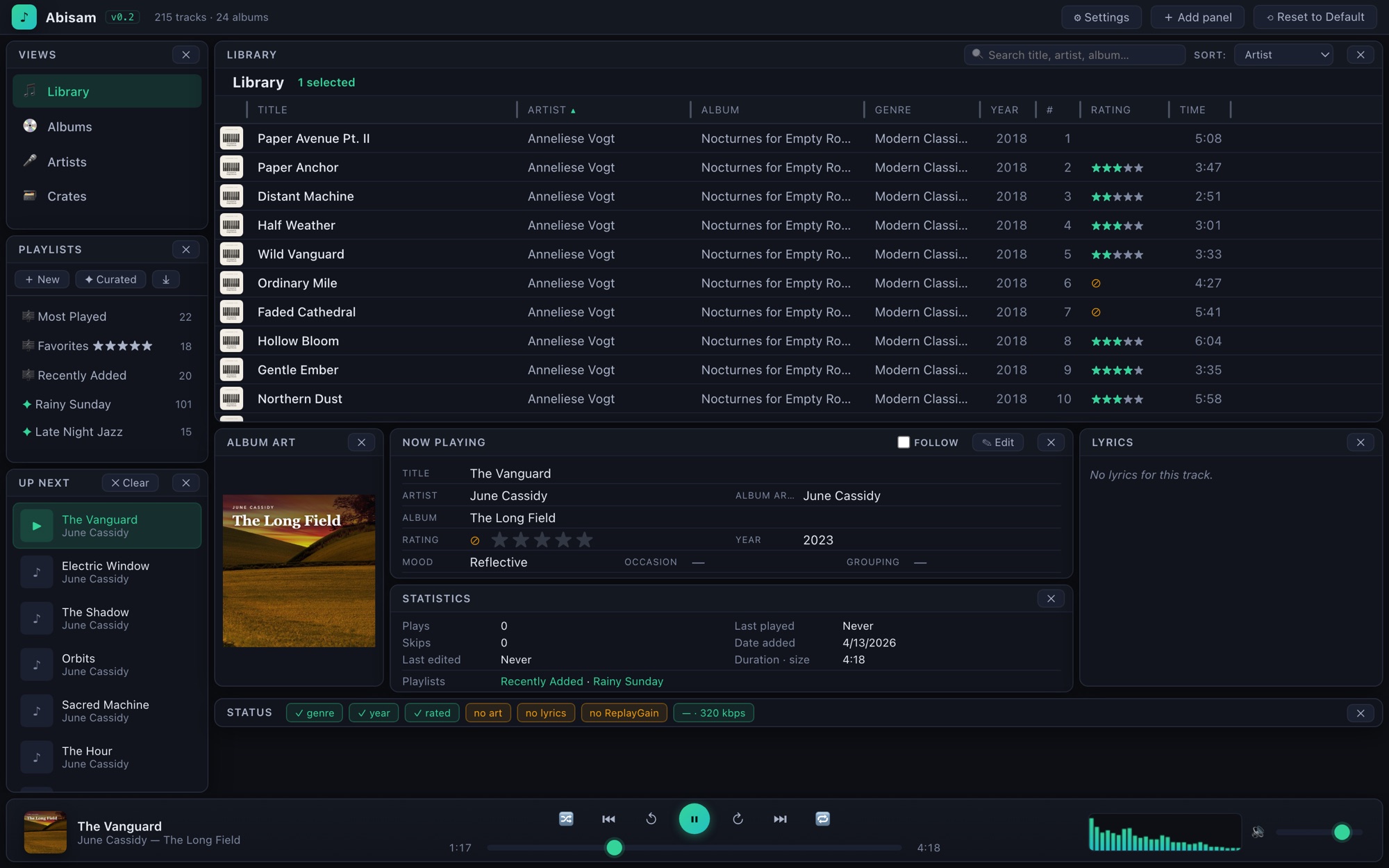 Abisam library view — the sortable track table