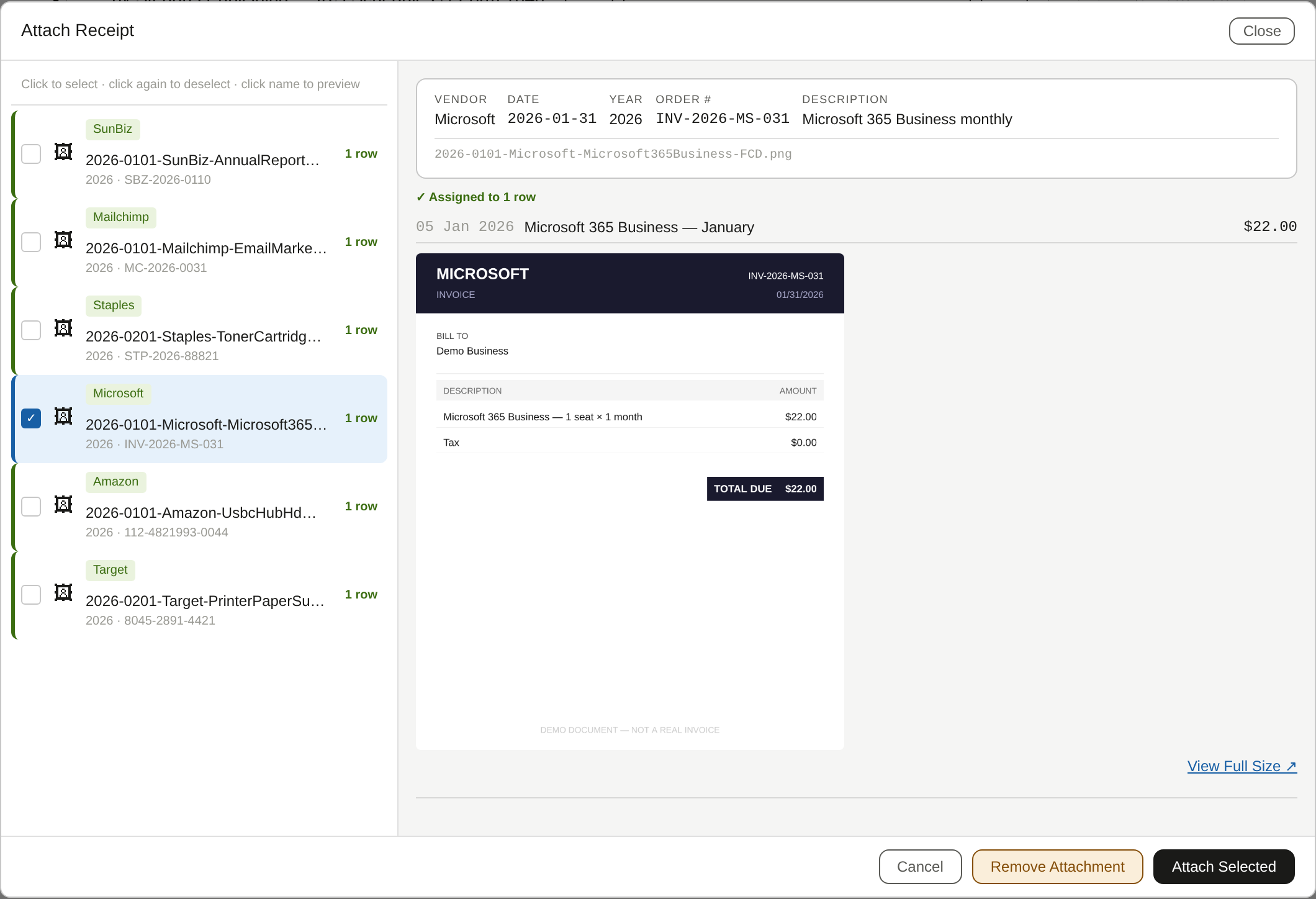 Receipt picker modal showing six vendor receipts and an invoice preview