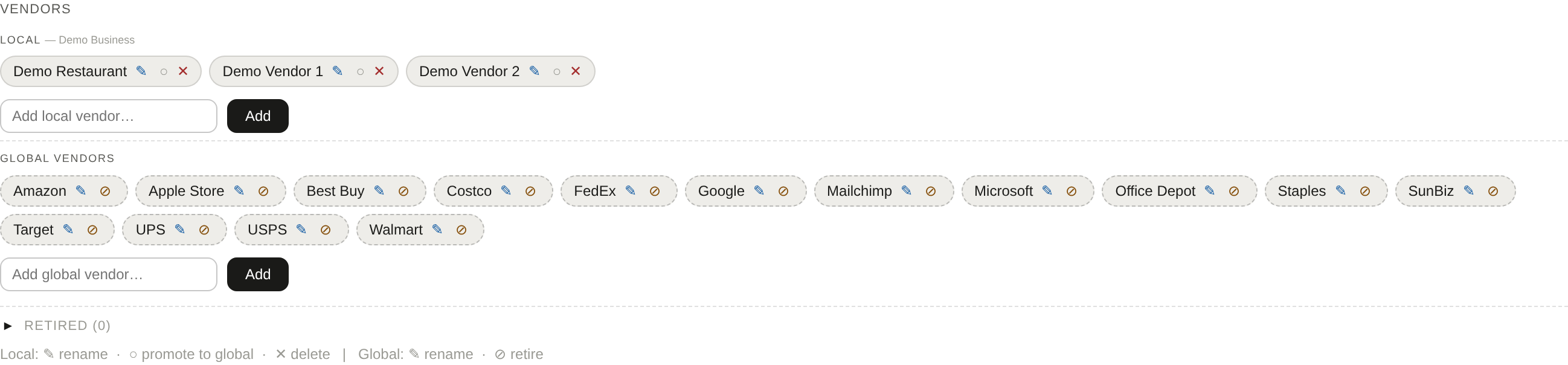 Manage Vendors — local vendors plus the shared global registry