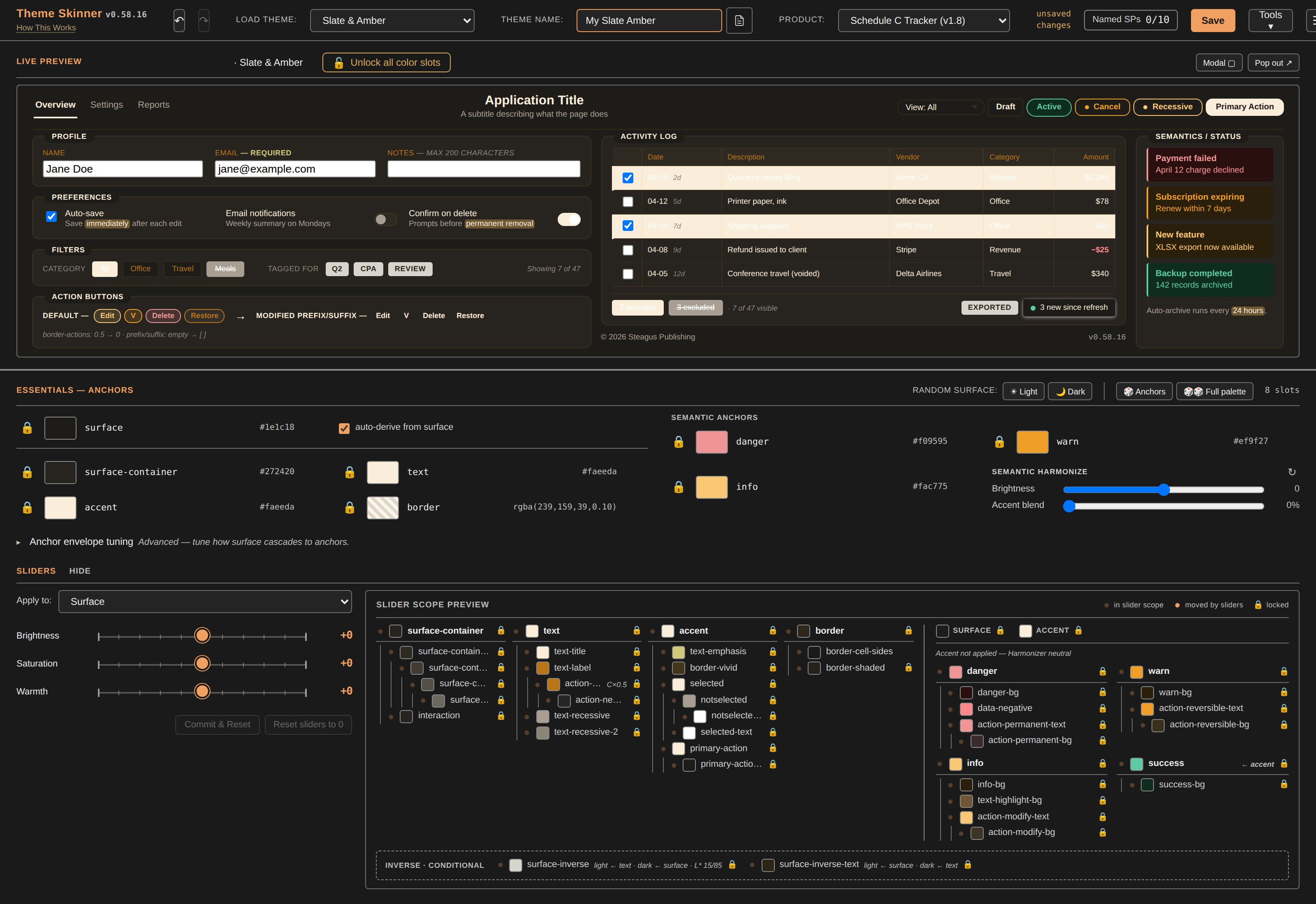 Theme Skinner editor with a live preview of the Slate & Amber theme. The chrome bar at top shows the theme selector and Tools menu; below it, the Live Preview shows a sample interface dressed in the dark Slate & Amber palette; further down, the anchor colors, sliders, and slot tree are visible.
