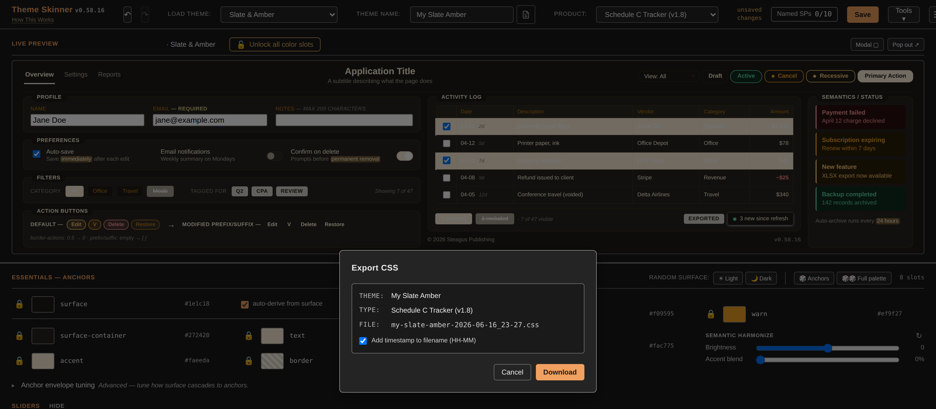 The Export CSS dialog open over the editor. It shows the theme name, target product, the filename ending in .css, a timestamp checkbox, and Cancel / Download buttons.
